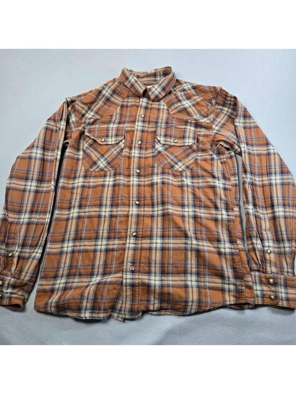Ariat Shirt Men Medium Retro Fit Orange Brown Plaid Western Pearl Snap Cowboy
